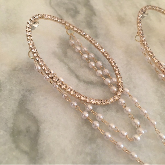 Oval Hoop Pearl Strands Drop Rhinestone Earrings - Picture 7 of 11